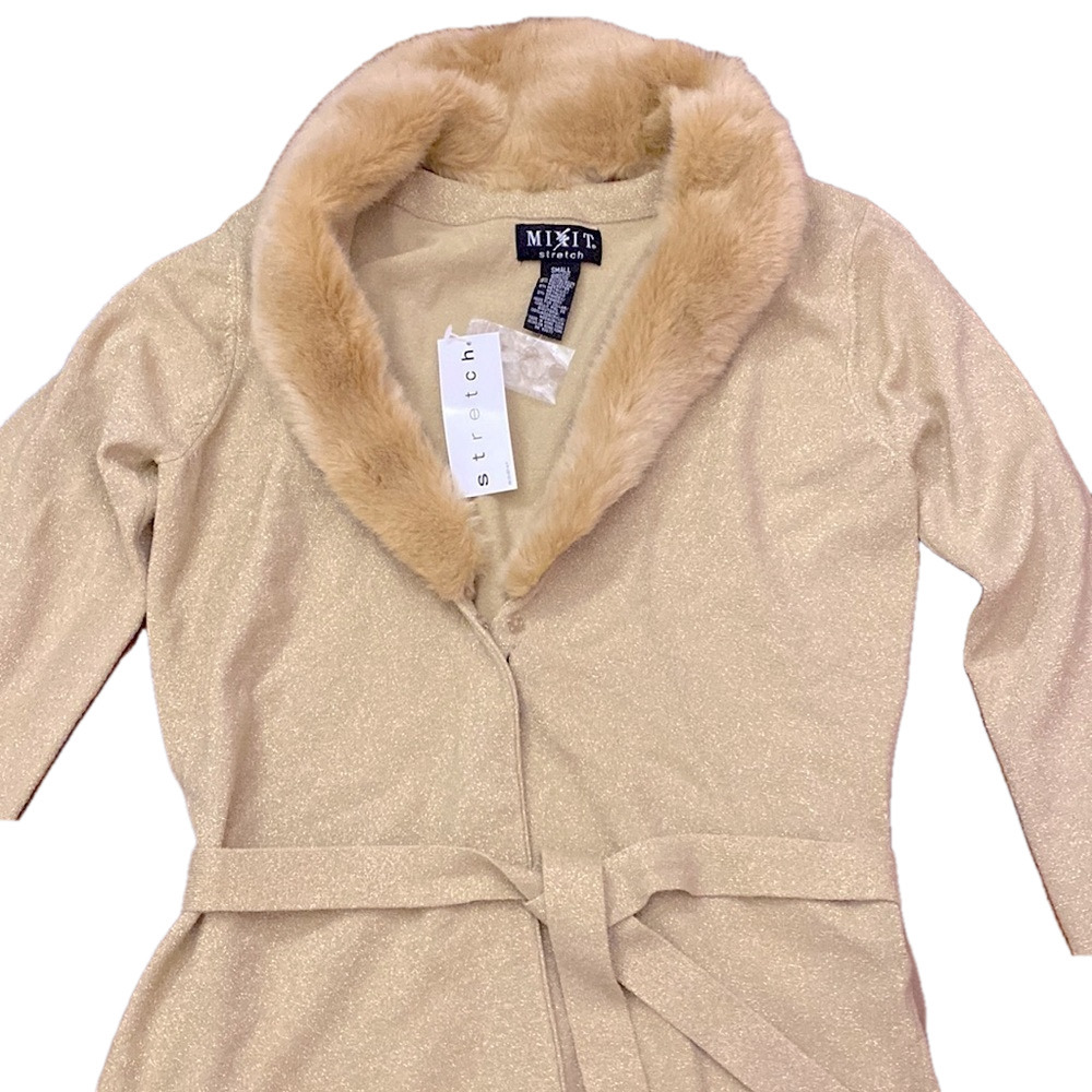 🌷 Mixit 🌷 Gold Sparkle Fur Trim Cardigan Sweater NWT